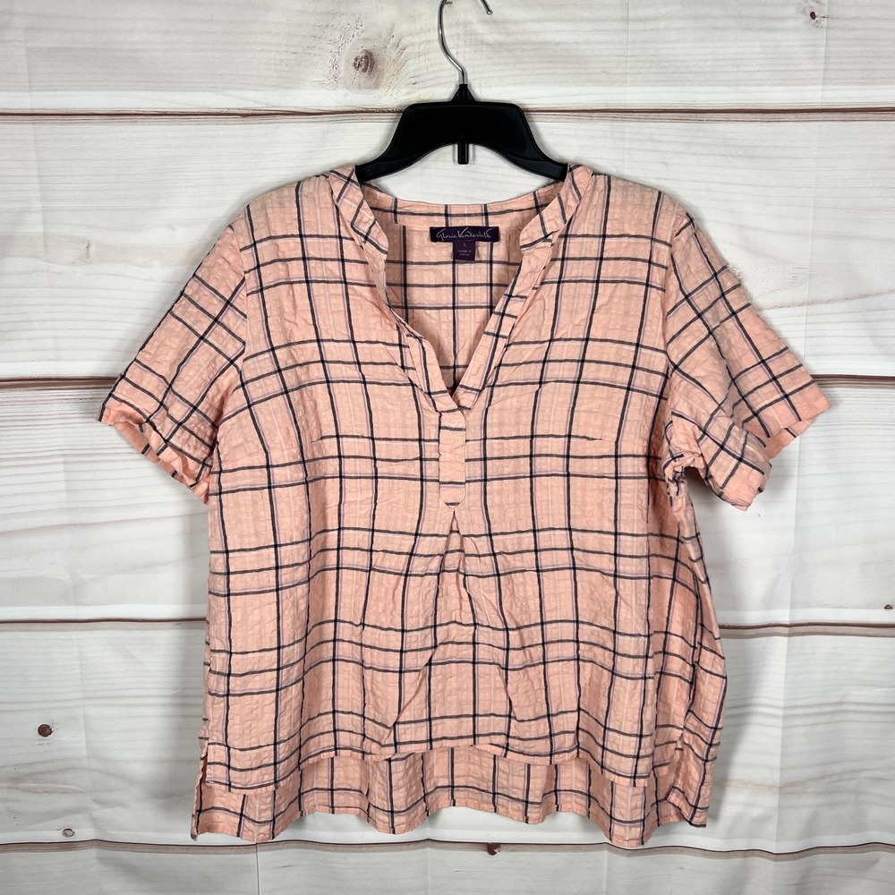 Gloria Vanderbilt Top Womens Large Pink Check Shirt V-Neck Pullover Blouse Woven